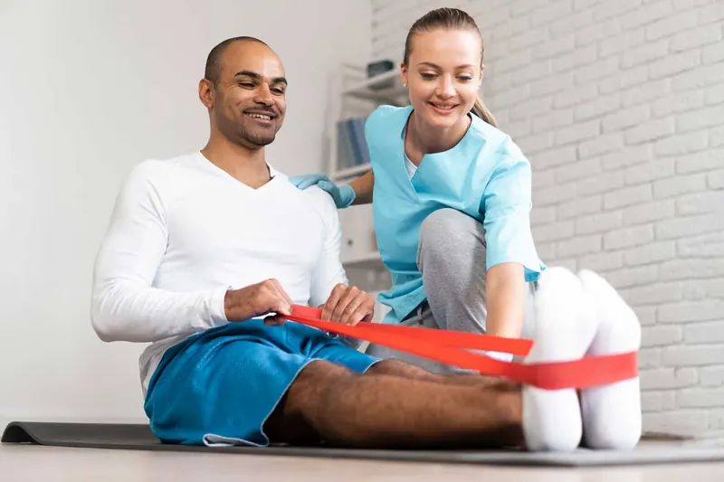 Fisioterapeuta orientando exercício de reabilitação de joelho em paciente no pós-operatório